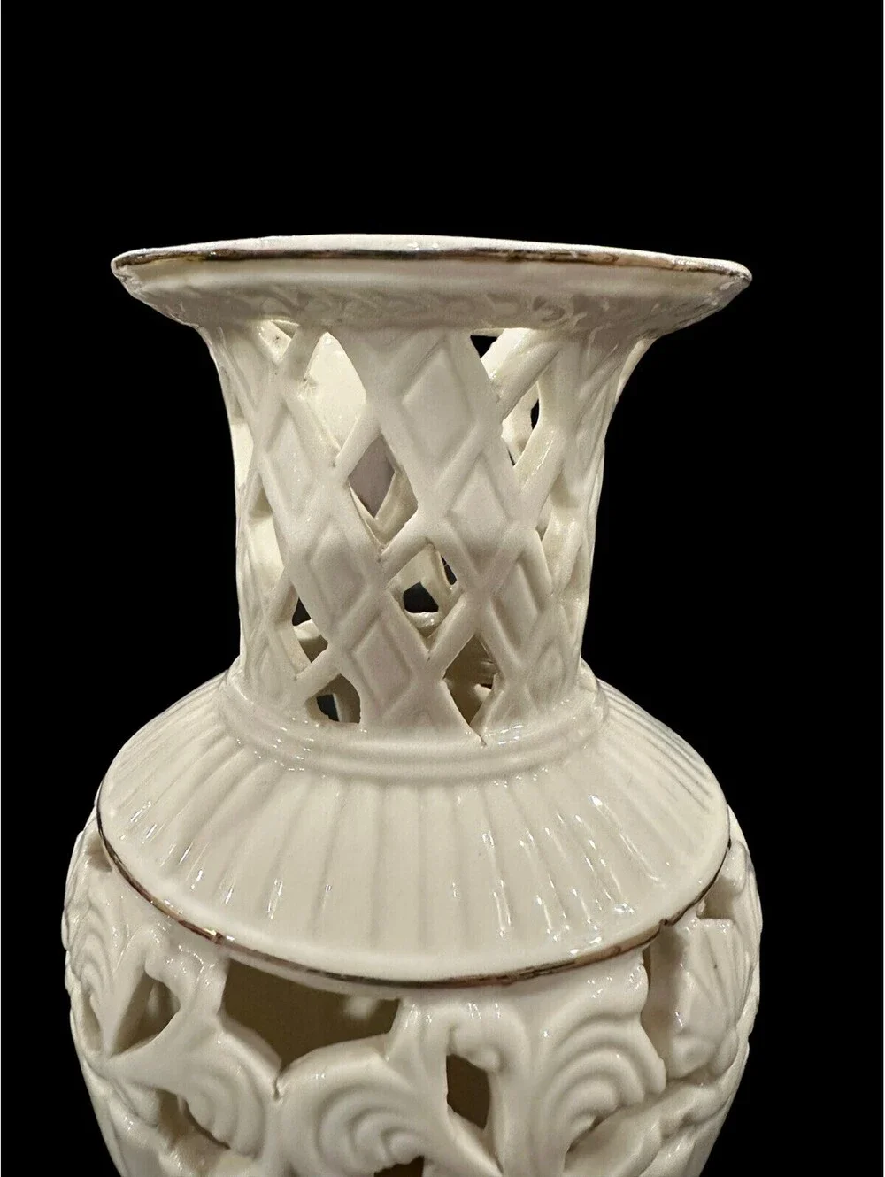 Porcelain Reticulated Vase with Gold Trim